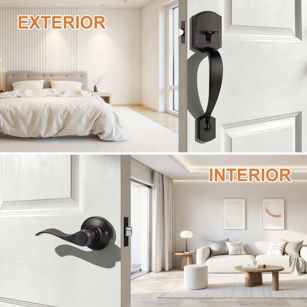Front Door Handle Set,Entry Door Handleset,No Lock Reversible Lever,Oil Rubbed Bronze Exterior Door Lock,Heavy Duty