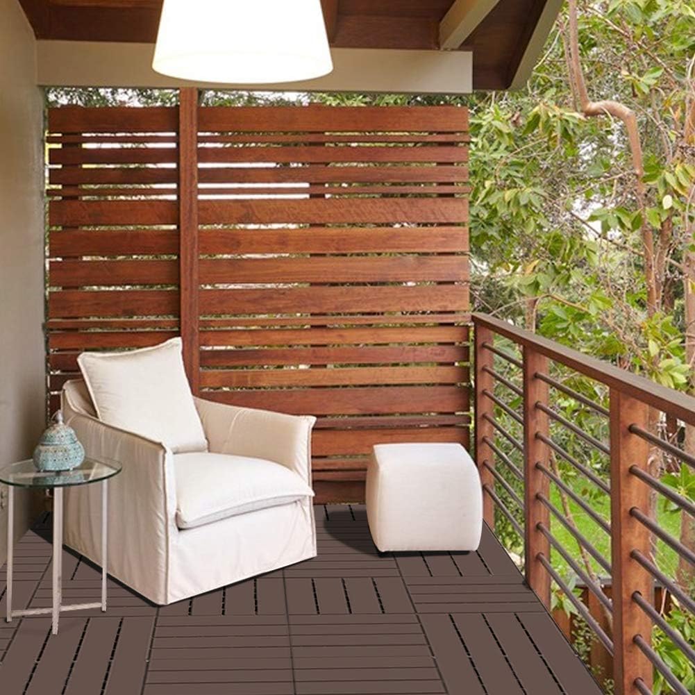 Patio Deck Tiles, 12 x 12 inches Composite Interlocking Decking Tile, Four Slat Plastic Outdoor Flooring, 44 Pieces