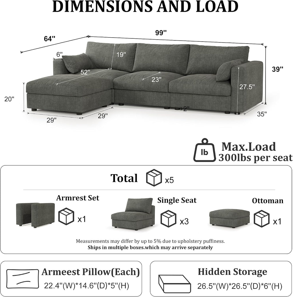 Cloud Modular Sectional Sofa Couch with Storage Ottoman, 99" Oversized Sectional Couches , Cloud Modular L-Shaped