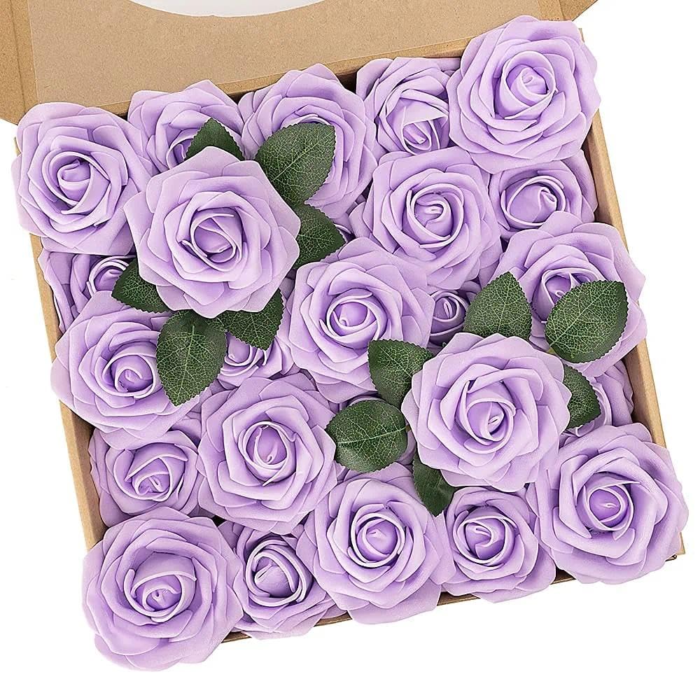 Artificial Flowers with Stems 25pcs Purple Lavender Flowers Bulk Real Touch Fake Roses Flowers for DIY Wedding Bridal