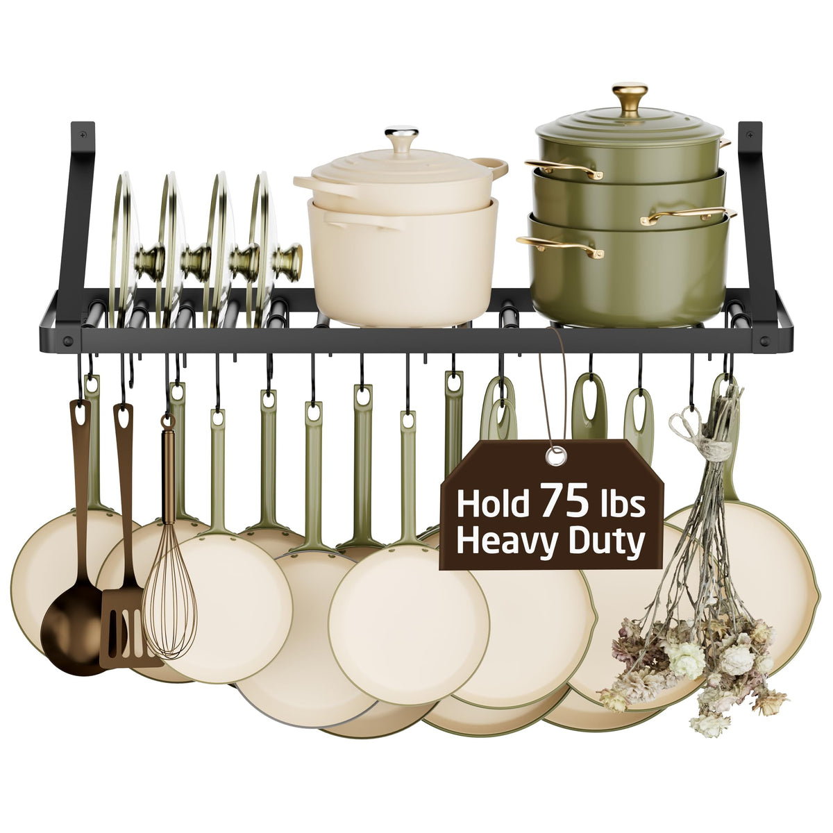 75 lb High-Capacity Pot Rack Wall Mounted with Pot Lid Holder 34 Inch