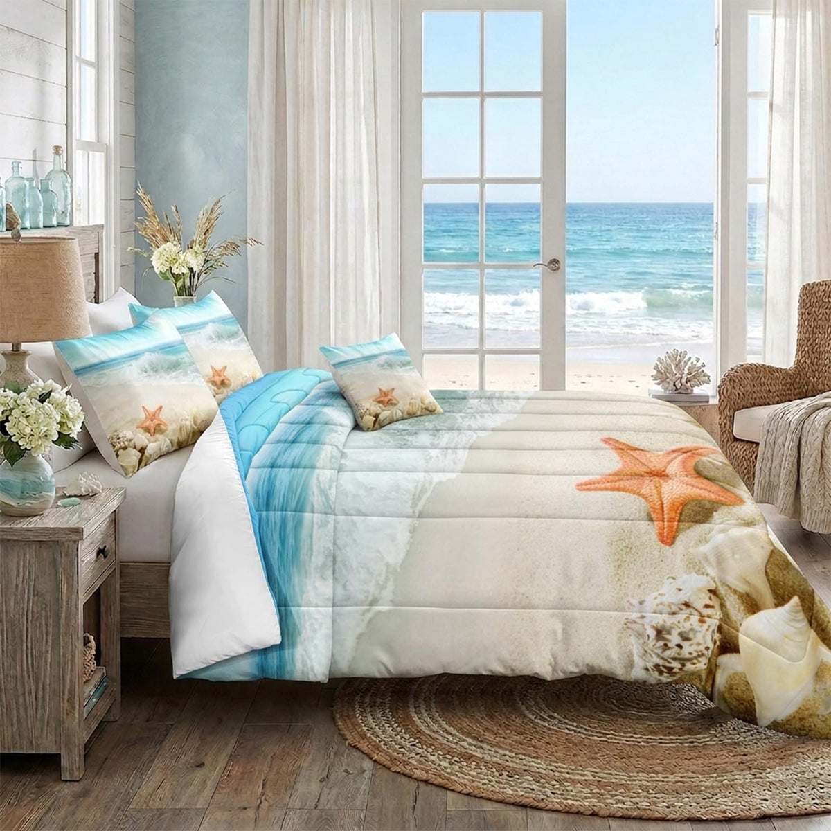 Beach Theme Comforter Seashell Comforter Set Beach Room Decor Starfish Seashore Ocean Quilt Set 3 Pcs Beachy