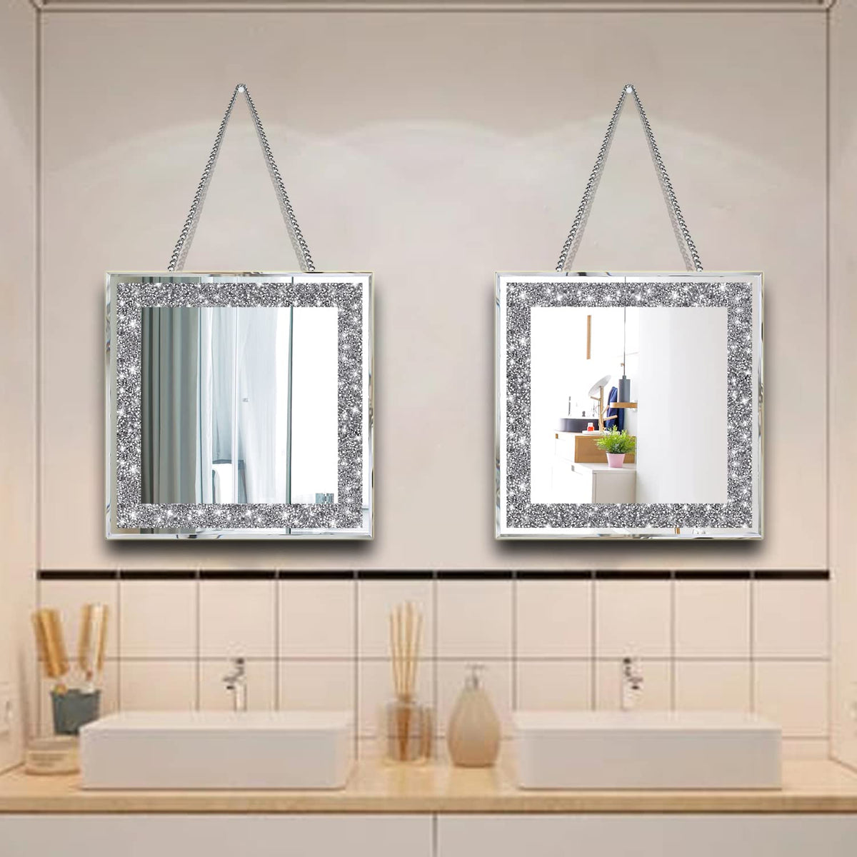 2 Piece Wall Mirrors, Crush Diamond Mirrors Decor, Silver Decorative Bedroom, Bathroom. (12"x12")