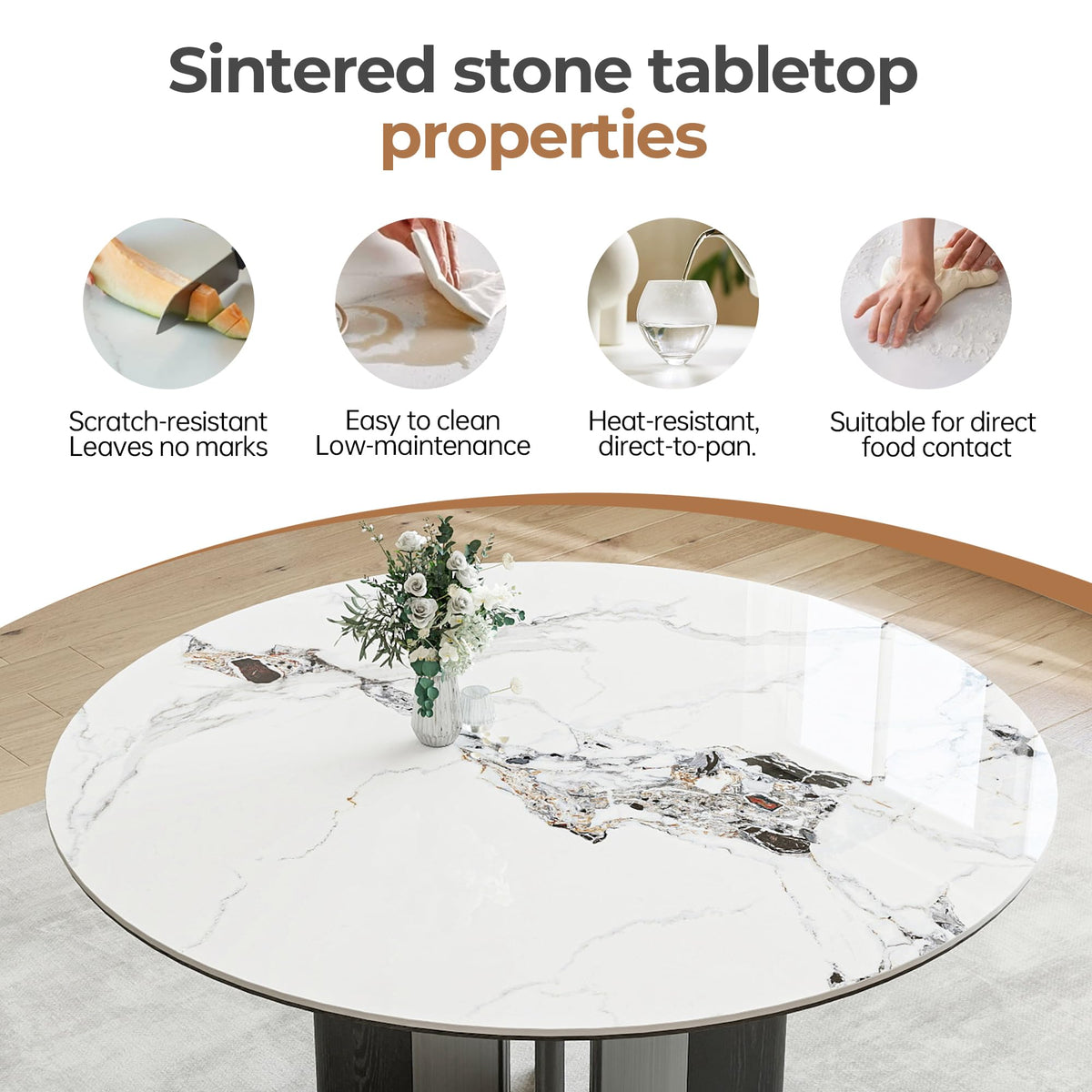 53 Inch White Sintered Stone Round Dining Table X Base