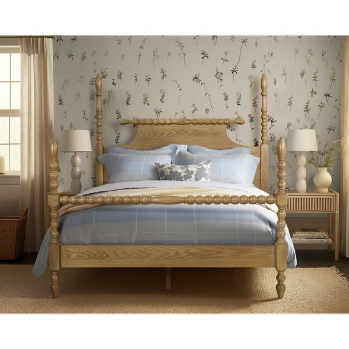 Queen Size Solid Wood Spindle Platform Bed Frame with Turned Posts, Bobbin Railing and Silent Wooden Slats Support