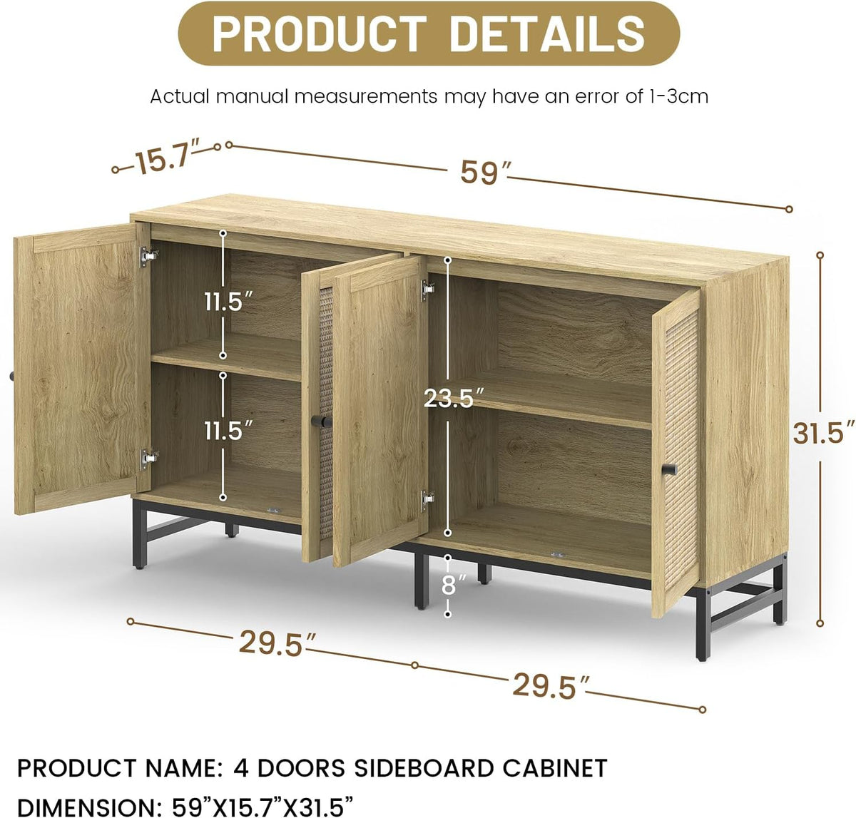 Rattan Sideboard Buffet Cabinet, Natural Storage Credenza Accent Cabinet with 4 Doors, 59" Large Mid Century Modern
