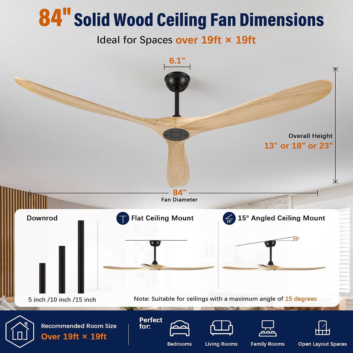 Inspired Maverick Style 84" Ceiling Fan No Light, 3 Solid Wood Blades, Matte Black Motor, Quiet Reversible DC Motor with Remote Control