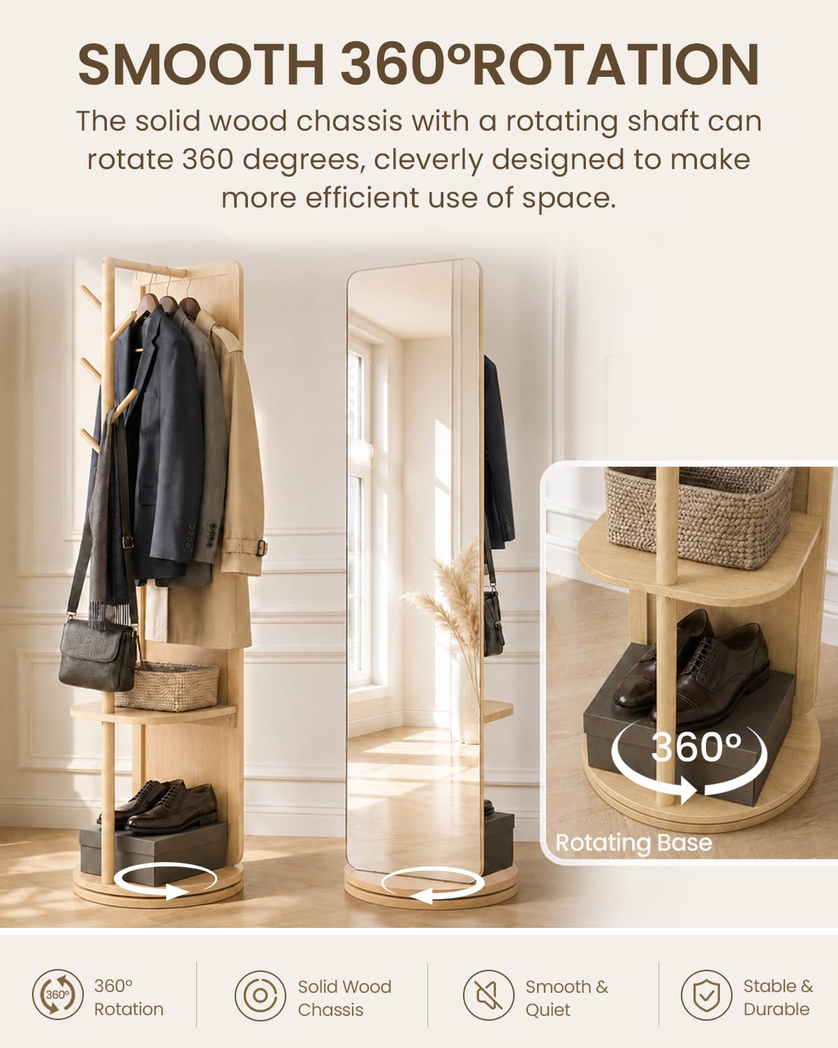 69" x 19" Rotating Full Length Mirror with Coat Rack Storage