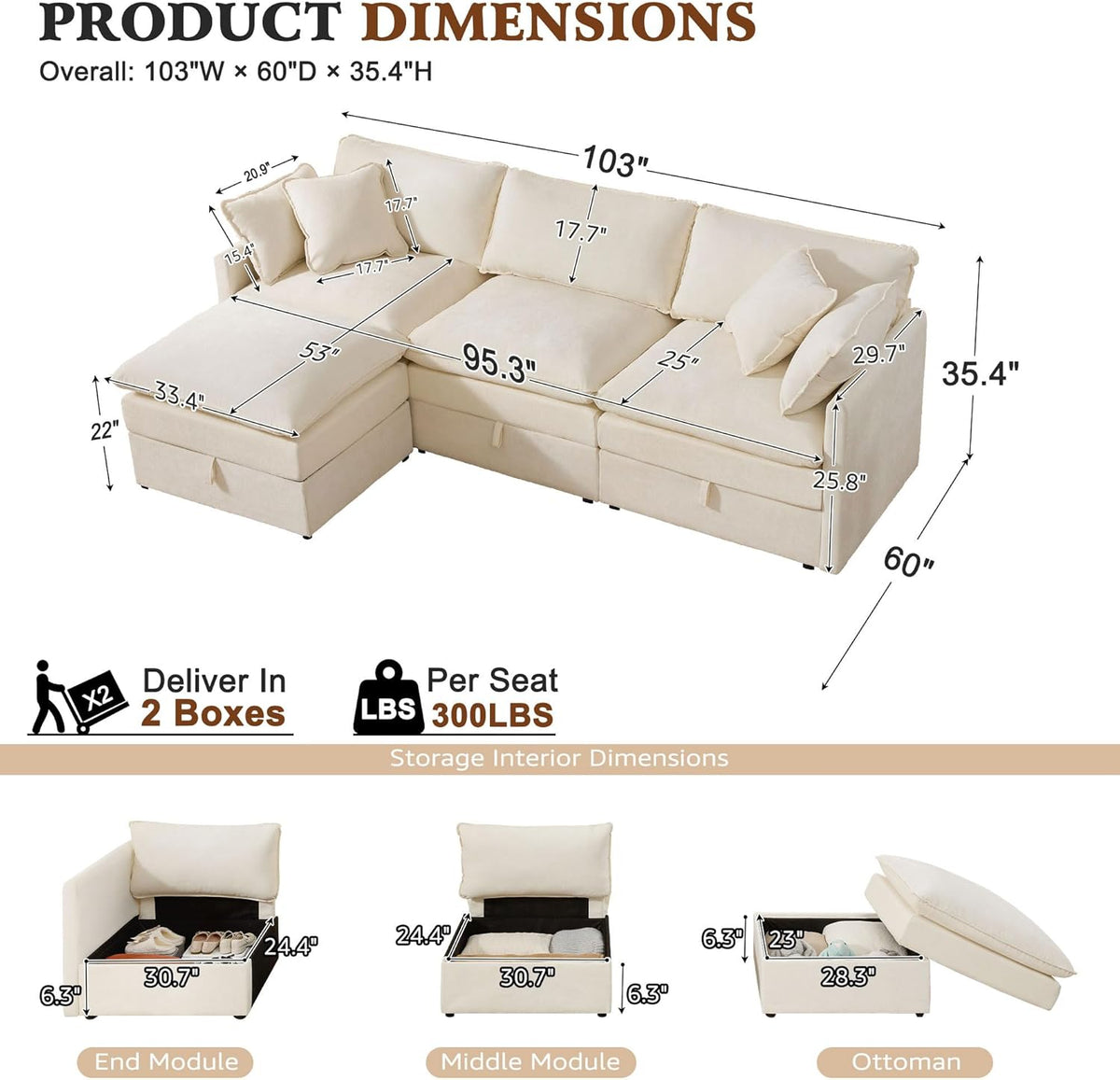 103" Modular Sectional Sofa with Storage, L Shaped Cloud Couch with Movable Ottomans & 4 Pillows, Chenille Deep Seat