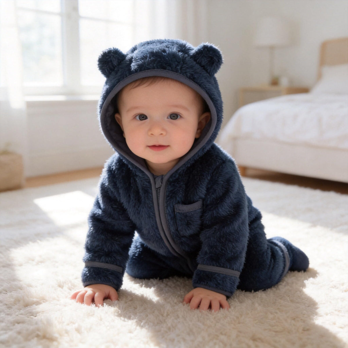 Newborn Baby Boys Girls Bear Hooded Fleece Snowsuit,Navy blue