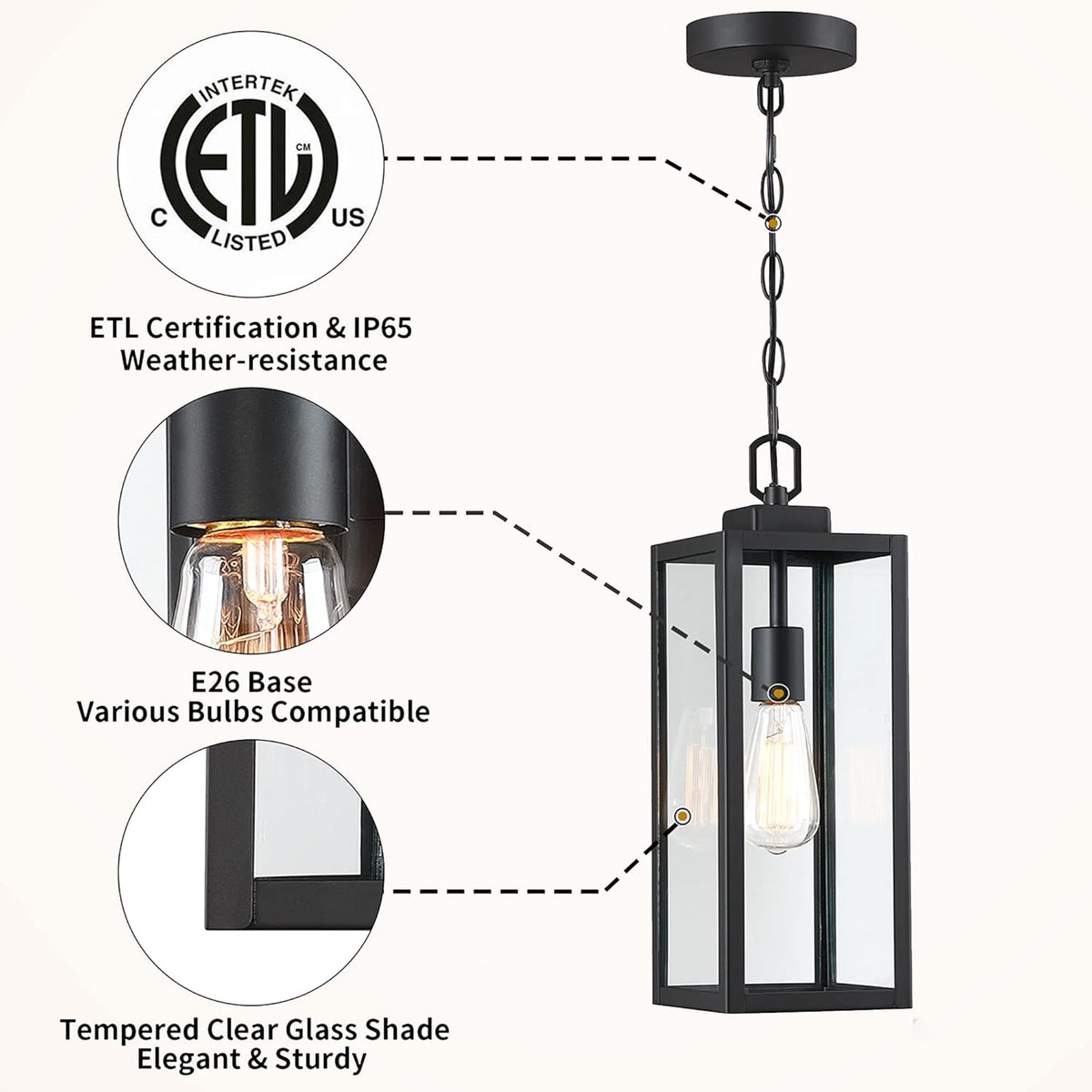Outdoor Pendant Light, Modern Matte Black Adjustable Exterior Hanging Porch Lighting