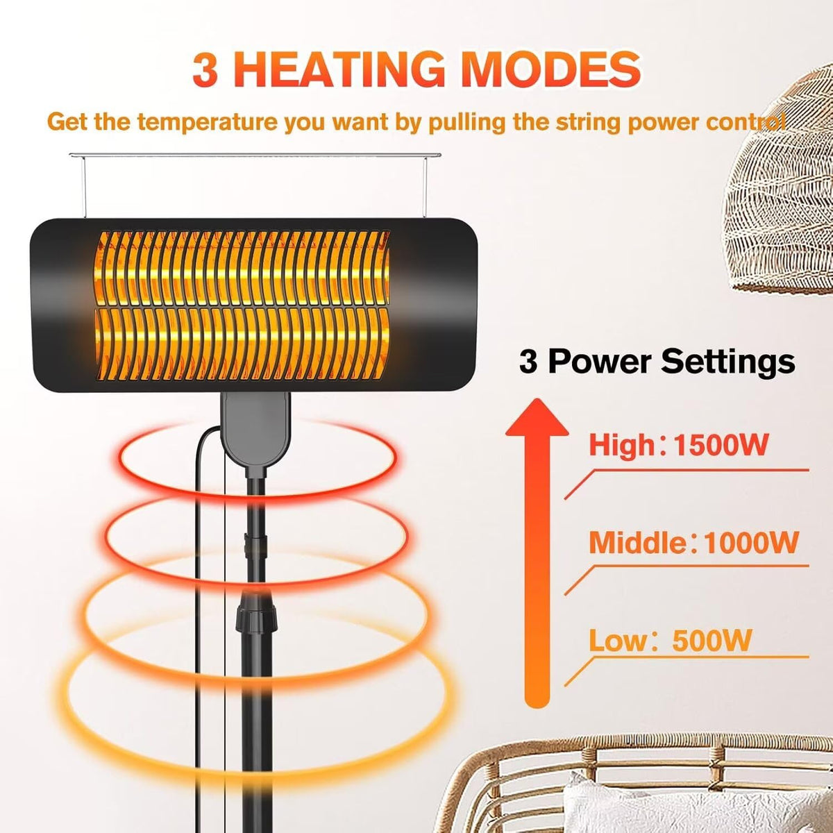 Outdoor Heaters, 1500W, 3 Heat Modes & 12H Timer, IP54 Waterproof Electric Heater with Adjustable Height, Tip-Over