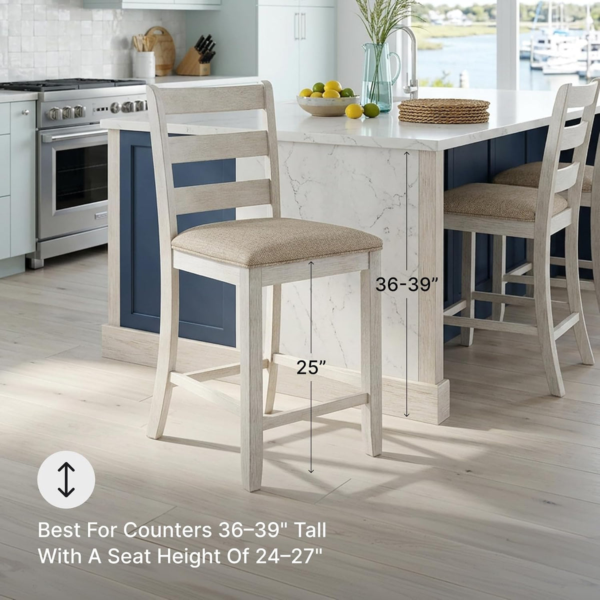 Skempton | 2-Count 24" Counter-Height Upholstered Bar Stools - Coastal Chic Ladder-Back, Antique White