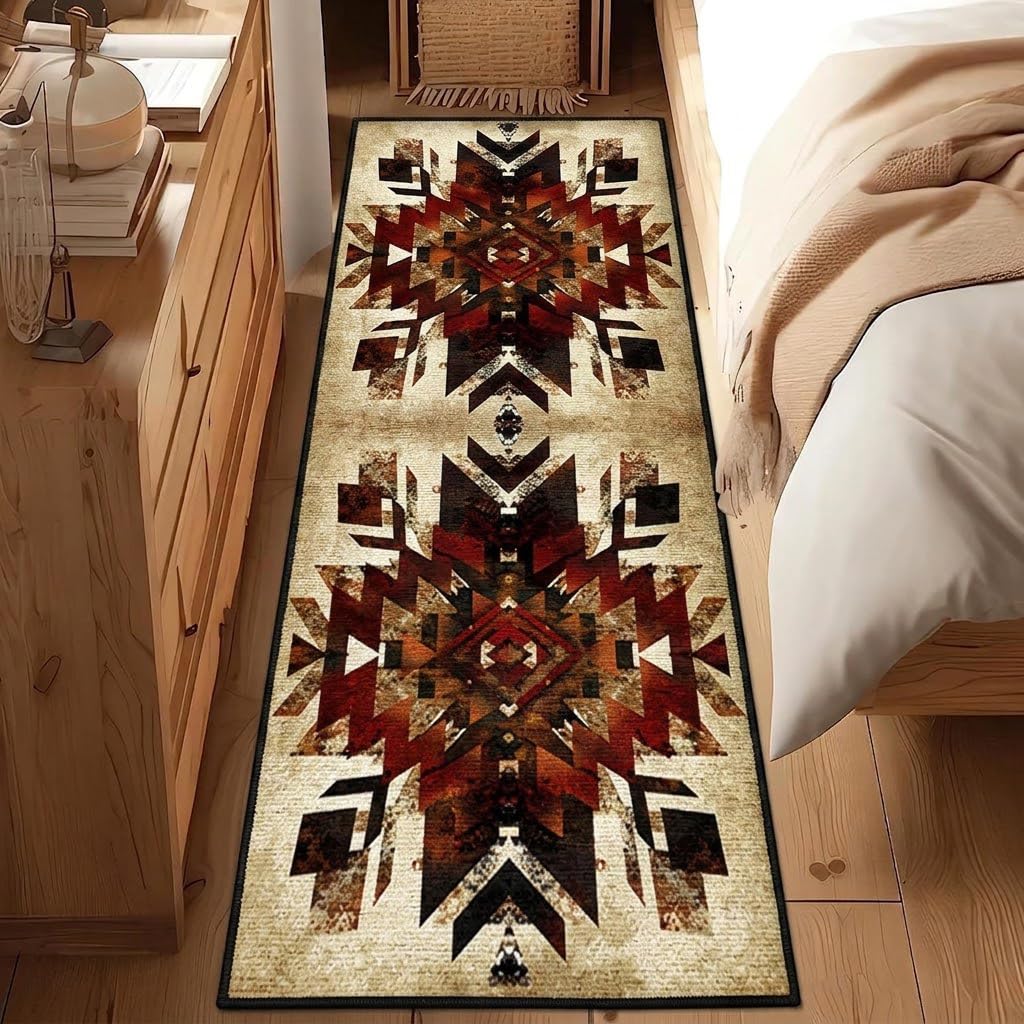 Southwestern Tribal Runner Rug, Native American Ethnic Pattern Print Distressed Aztec Retro Throw Rugs, Cozy
