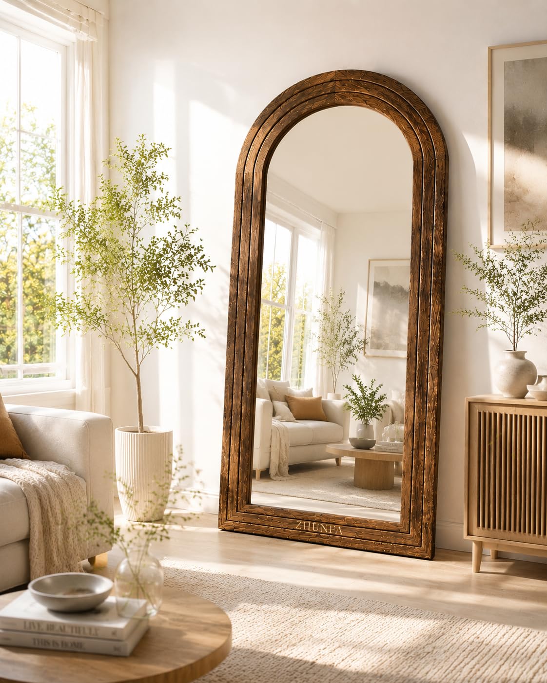 Arched Full Length Mirror with Solid Wood Frame, 65x22, Brown