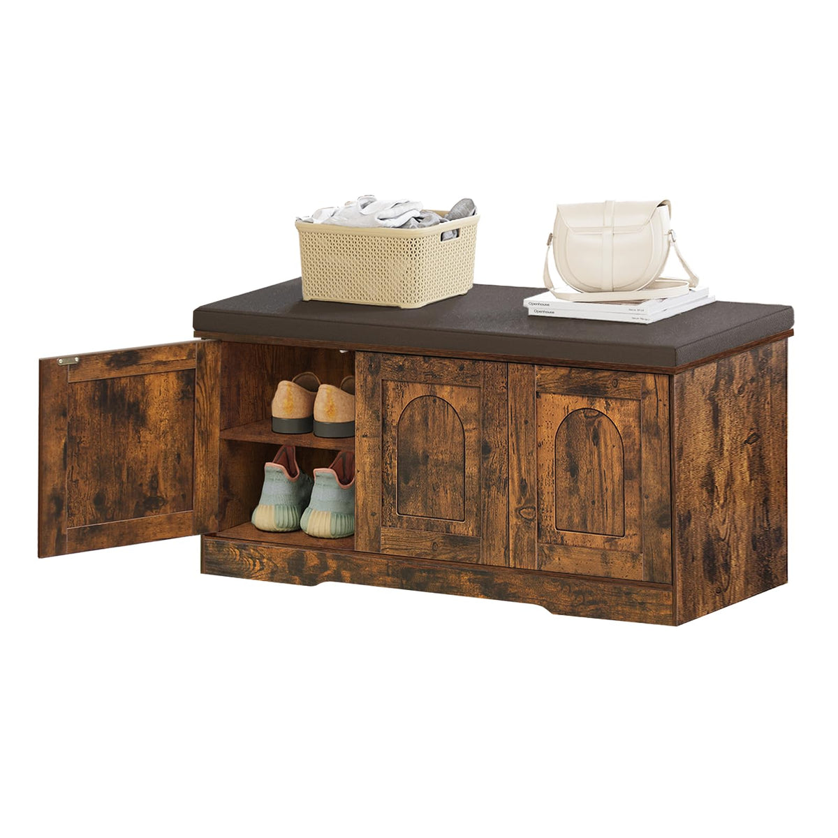 Shoe Storage Bench with Cushion, Door, Rustic Brown 39.4"LX17.7"H