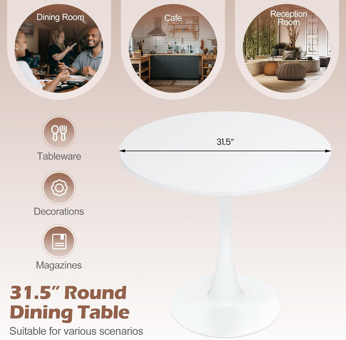 Inspired Saarinen Style Tulip Round Pedestal Dining Table — White, 32″ Round