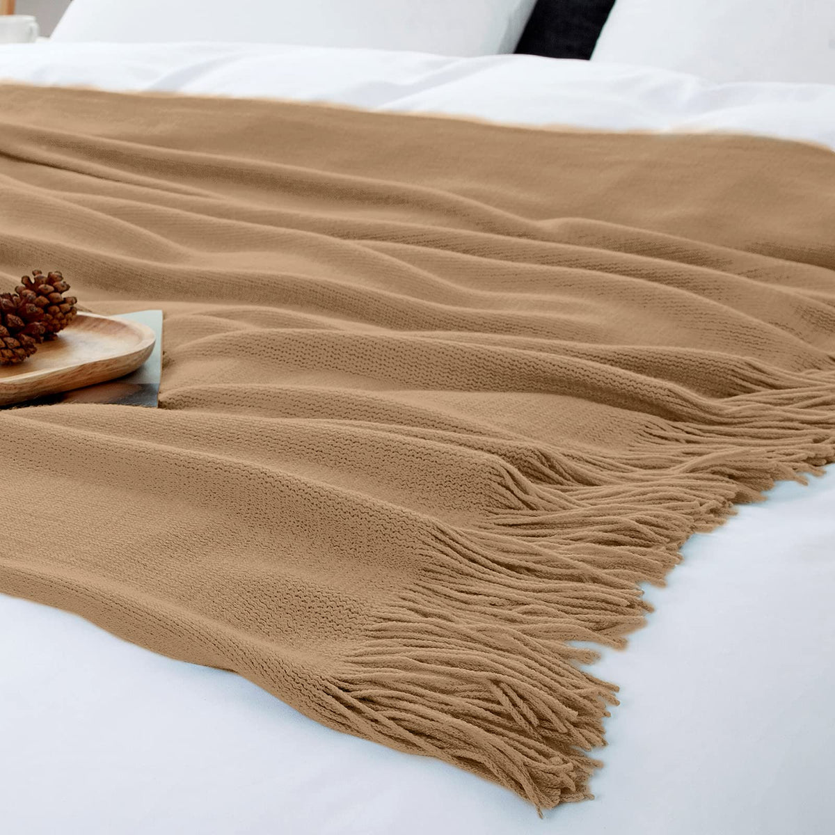 Light Brown Knitted Blanket with Tassels Fringe 50" x 60"