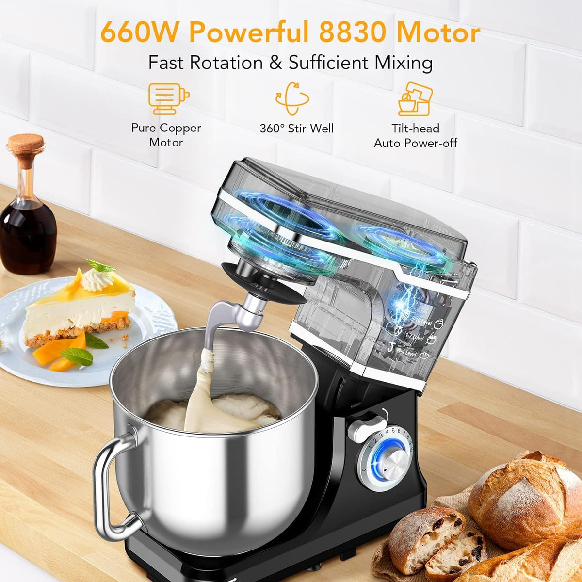 7.5QT Stand Mixer, 10-Speed Tilt-Head Electric Food Mixer with Stainless Steel Bowl, 660W Motor, Dough Hook, Whisk &