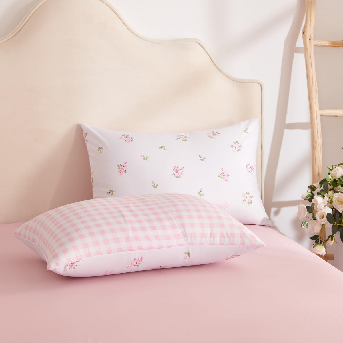 Floral Comforter Set, Pink Bedding Set with Gingham Pattern