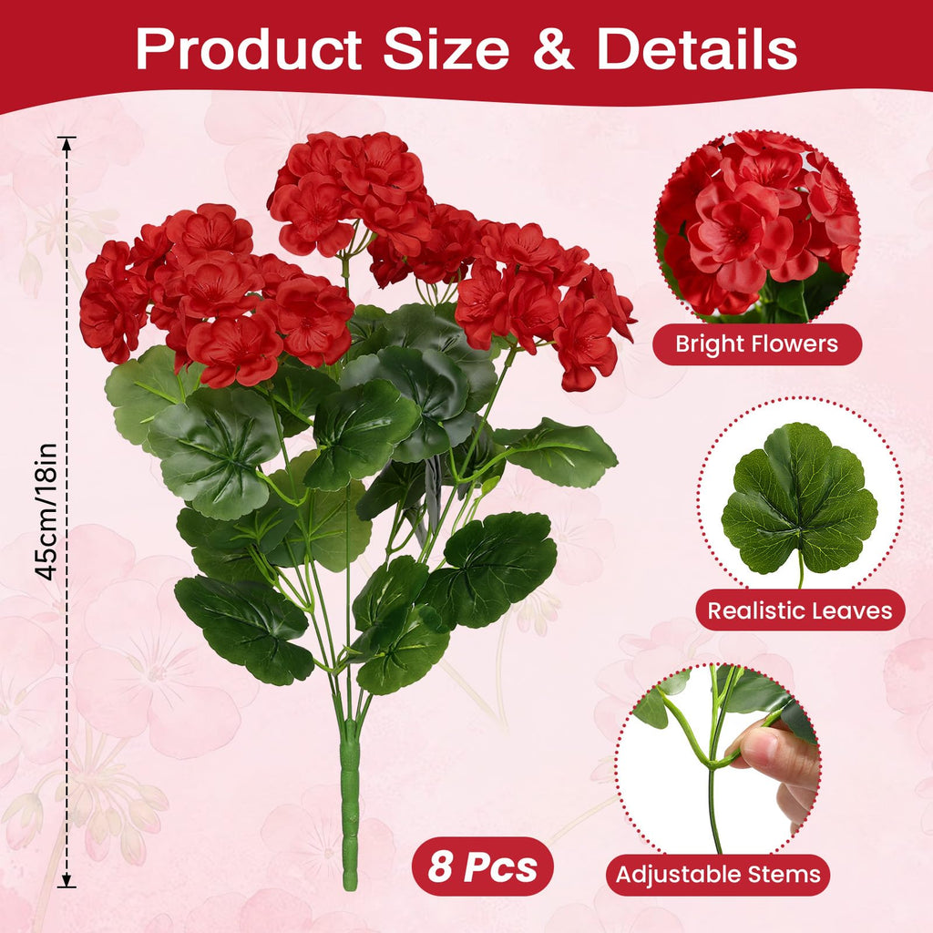 8Pcs Artificial Geranium Flowers for Outdoors Decoration Silk Floral, UV Resistant Fake Plants, Faux Flower for Porch