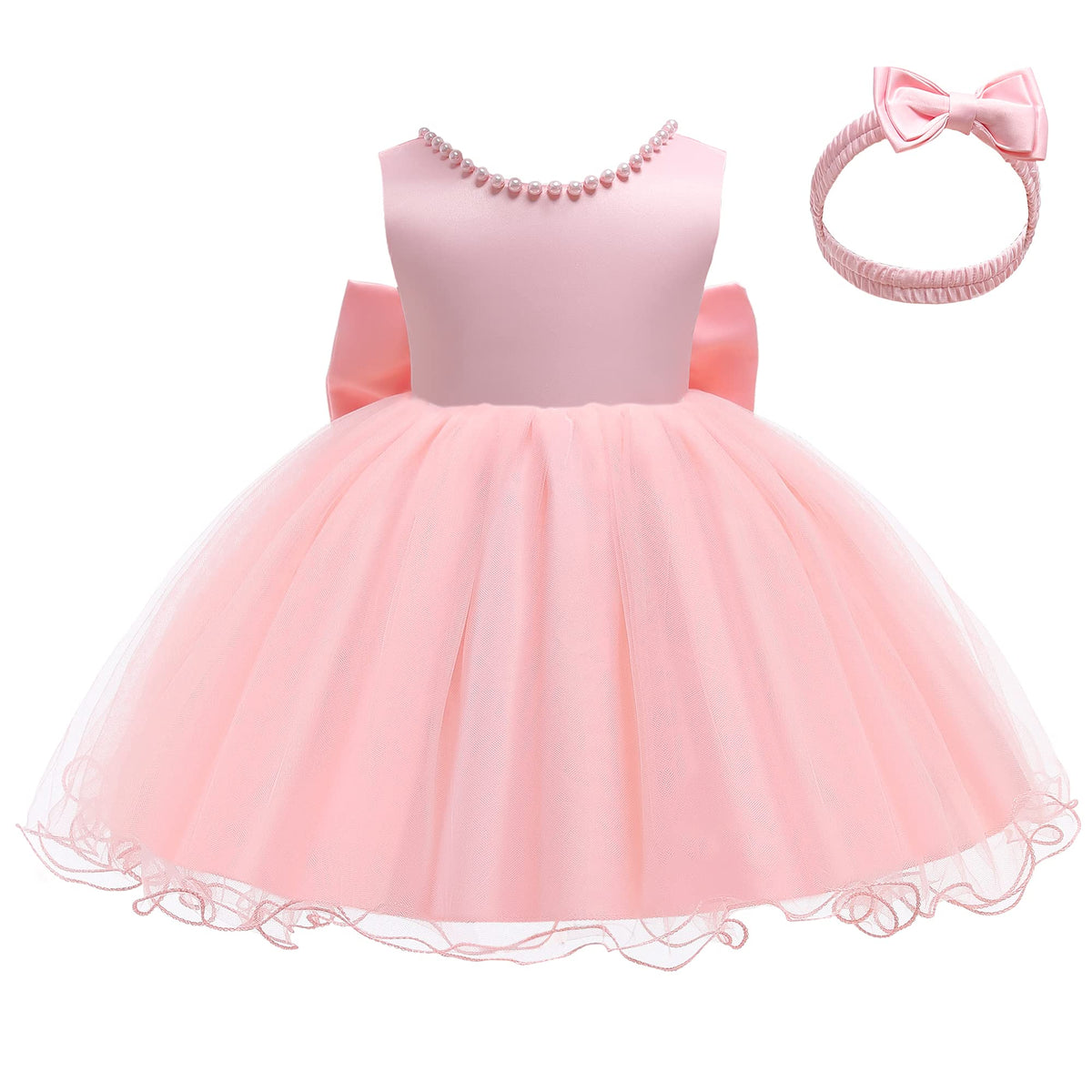 Pink Baby Girl Party Dress Bow Headband Baby Pink Newborn Dress