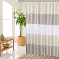 Extra Wide Fabric Shower Curtain Tan Gold, Wrap Around White Neutral Stripe with 18 Hooks, 108" W×72" H Inch