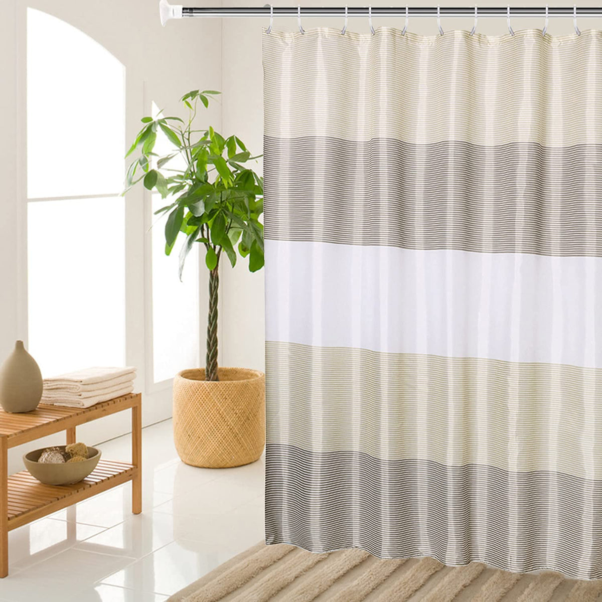 Extra Wide Fabric Shower Curtain Tan Gold, Wrap Around White Neutral Stripe with 18 Hooks, 108" W×72" H Inch