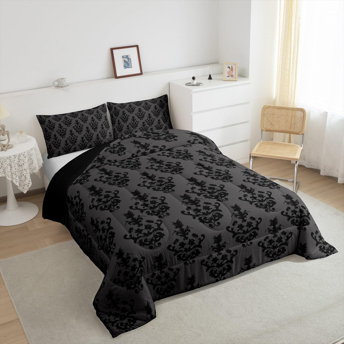Gothic Bedding - Victorian Damask Twin Bed Set, Black Floral Comforter, Bohemian Goth Decor, Black & Gray