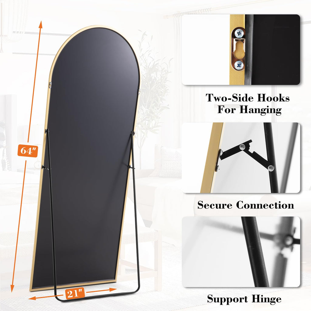 64"x21" Arched Full Length Floor Mirror, Full Body Mirror, Gold