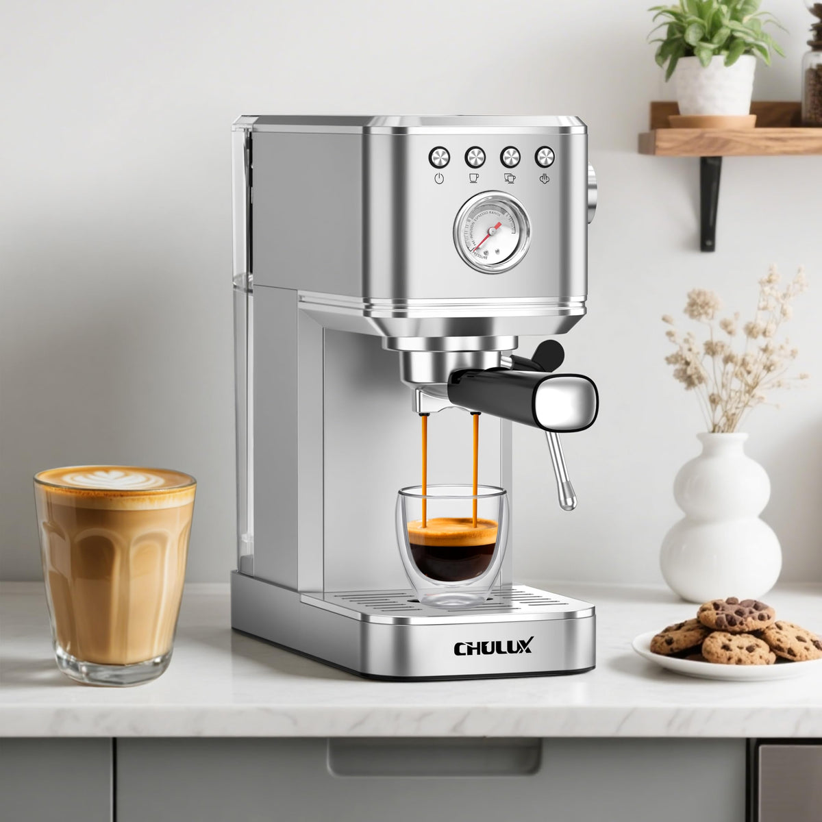 Slim Espresso Machine with Milk Frother Latte, Metal Silver