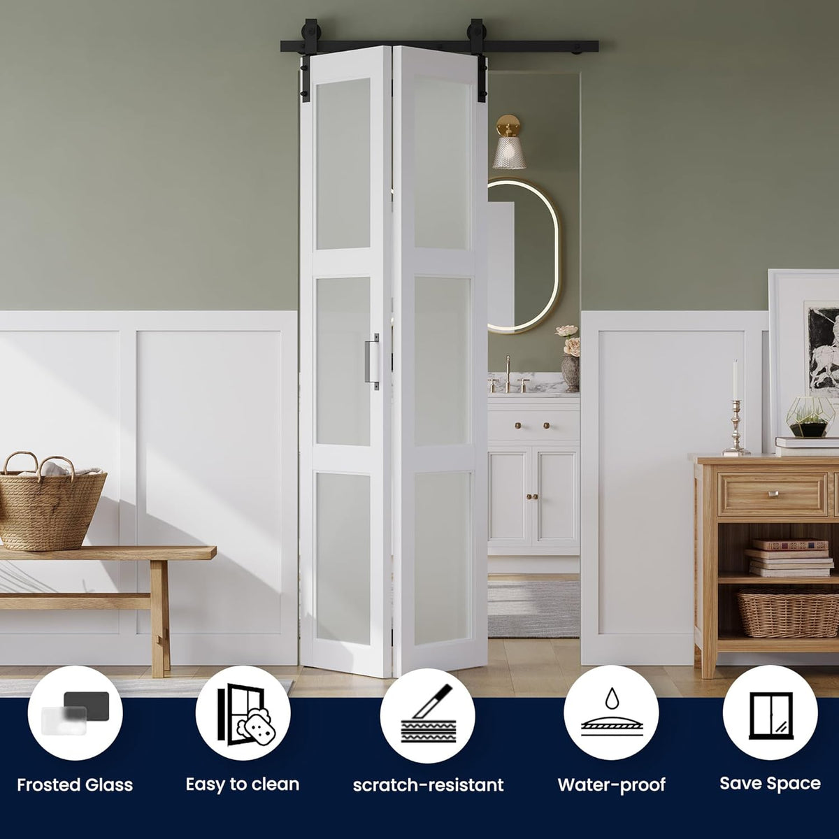 36in x 84in Bifold Barn Door, Frosted Glass Barn Door with Hardware Kit Included, Pre-Drilled Holes Easy Assembly