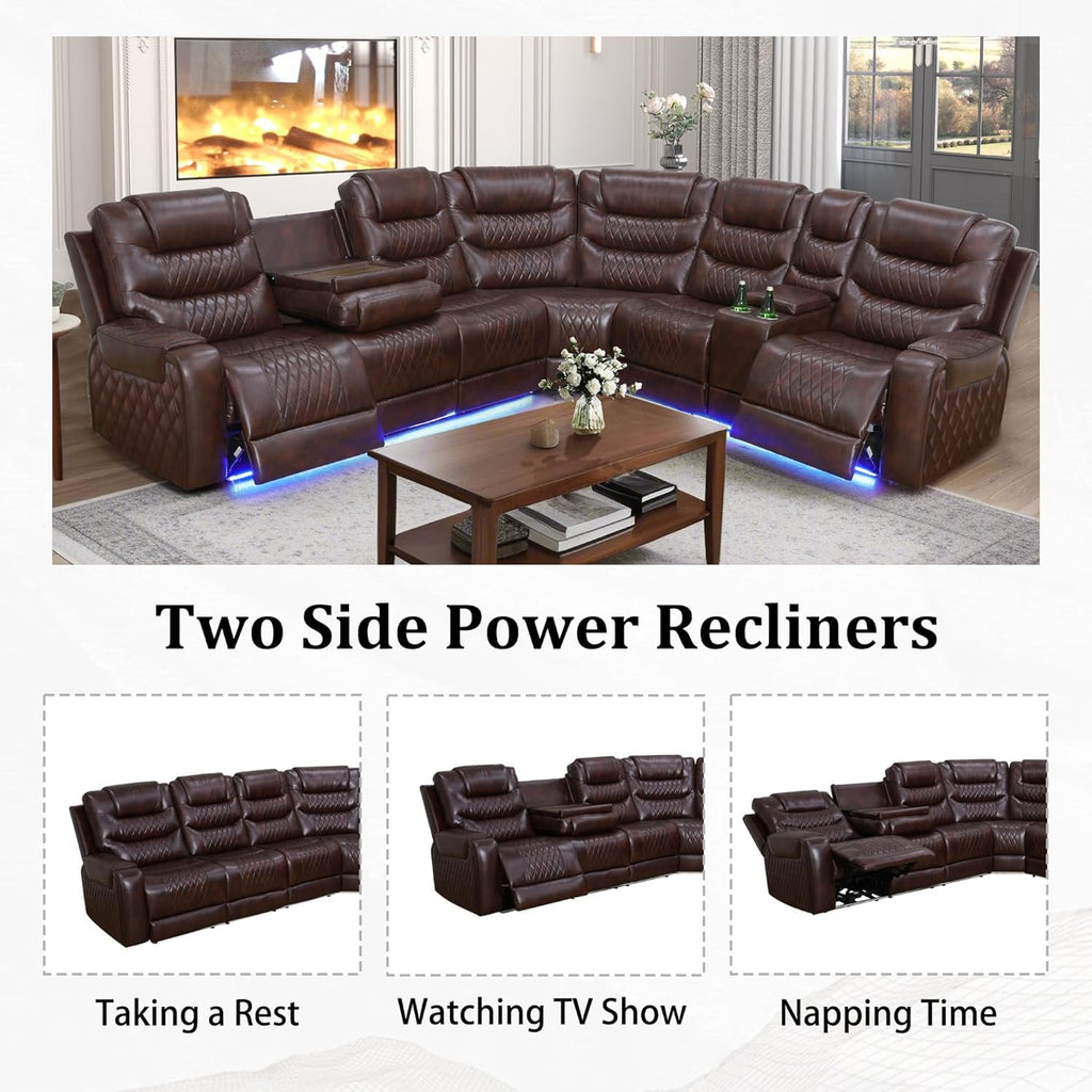 Breathing Leather Reclining Sectional Couch, 6 Seat L Shaped Sofa with 2 Power Recliner Seats, Reclining Sectional