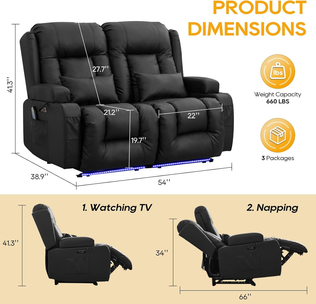 54" Power Loveseat Recliner Sofa, Electric Home Theater Seating with Massage Heat/4 Colors Ambient Lights/USB
