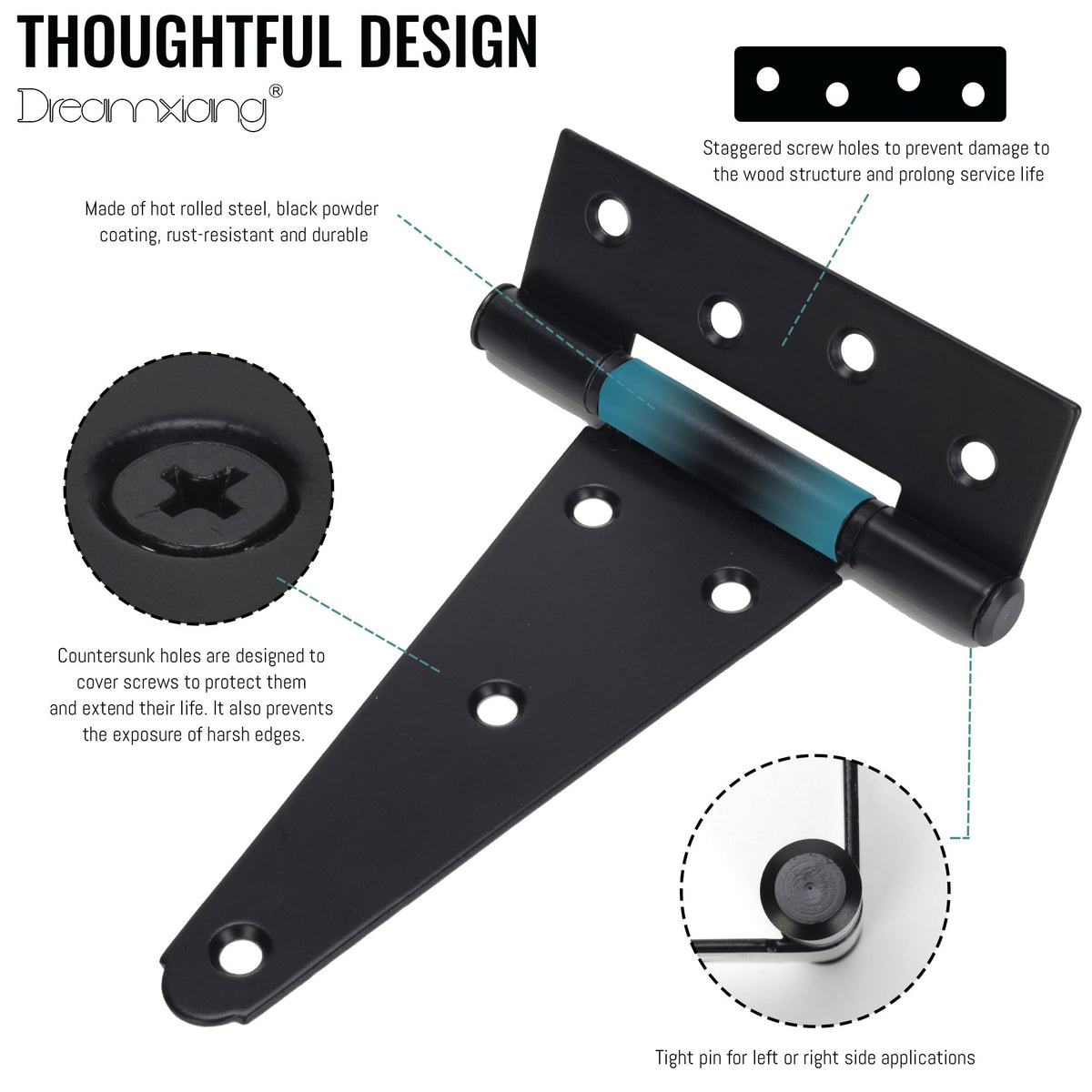 6 Inch T-Strap Gate Hinges, Heavy Duty Shed Barn Door Hinges, Black Tee Hinges for Wooden Fence, Yard Gate, Wrought