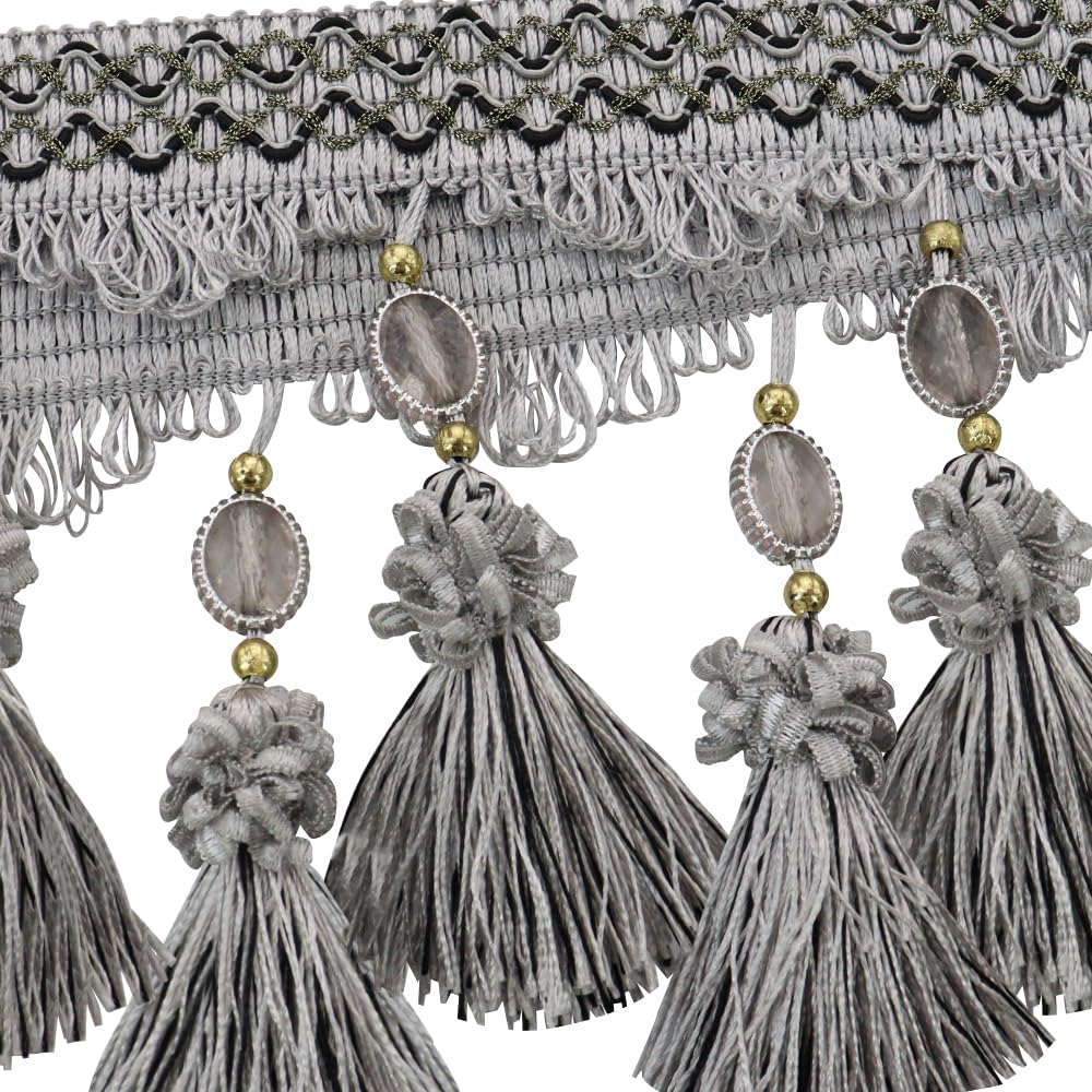 Pom Pom Curtain Fringe Trim Beads Ball Tassel Trimming Sewing Ribbon Upholstery Fabric (Gray) - 3yards