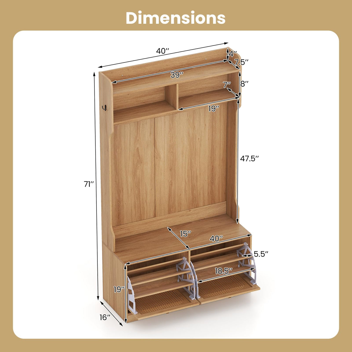 4-In-1 Hall Tree with Bench and Shoe Storage, Entryway Bench with Coat Rack & Flip Shoe Racks, Dual-Hook Hangers & PE