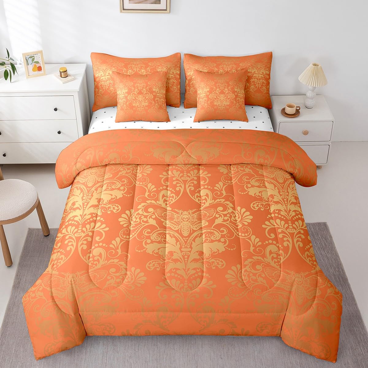 Gothic Damask 7 Piece Comforter Set Full Bed in a Bag, Exotic Moth Bedding Sets Orange and Yellow Victorian Floral