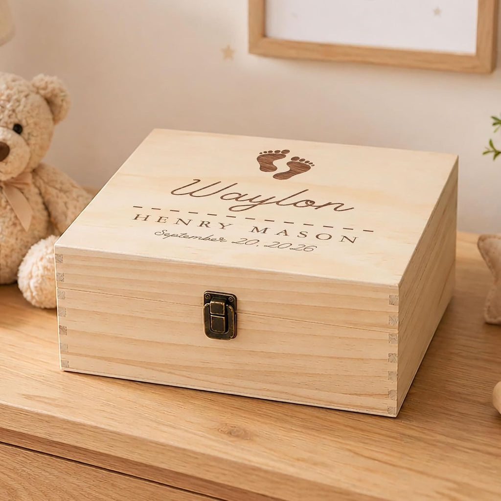 Personalized Baby Keepsake Box with Name and Birth Date, Custom Wooden Baby Memory Box, Newborn Gift for Boys