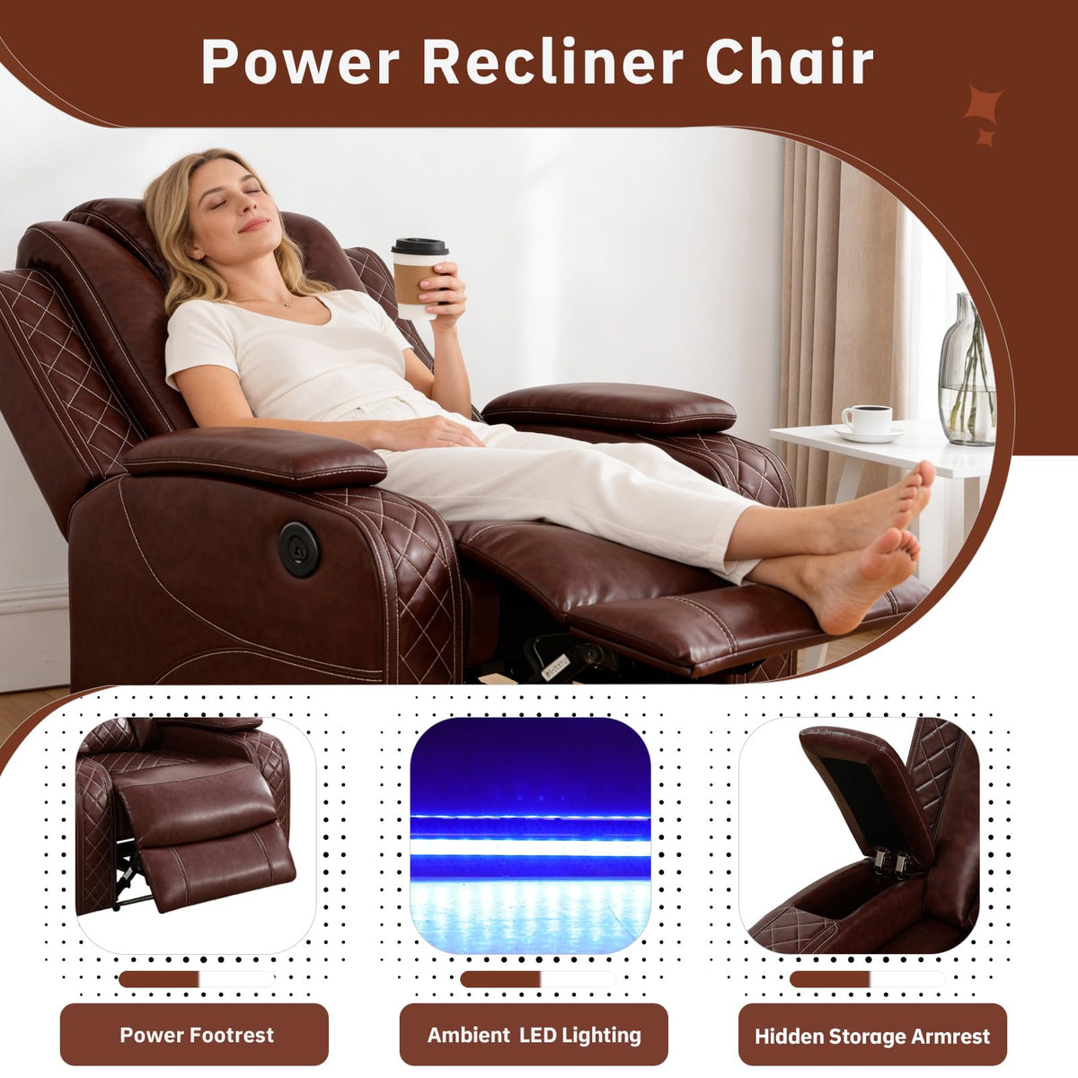 Power Recliner Sofa Set, Living Room Furniture Sets, Leather Sectional Sofa Set with Reclining Chair, LED Lights, Cup