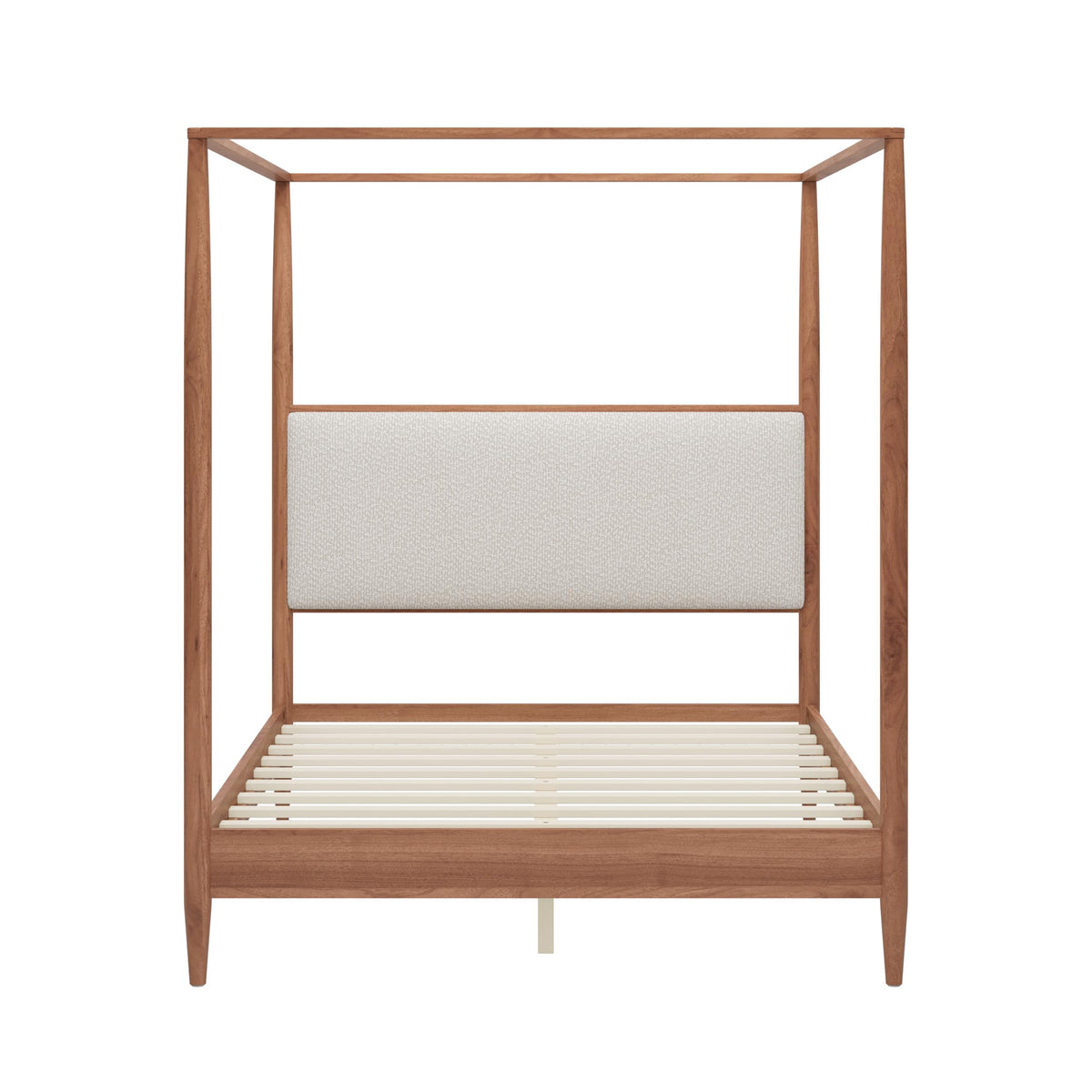 4-Poster Wood Canopy Bed with Boucle Headboard, Walnut