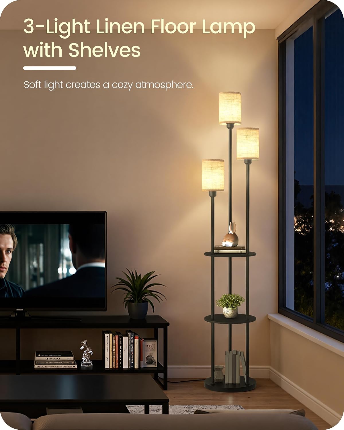 Floor Lamp with Shelves, Modern Floor Lamp with 3 Linen Shades and Foot Switch, 3-Light Standing Lamp