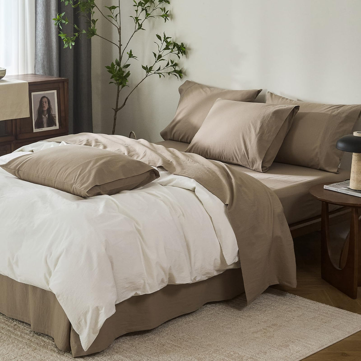 6Pcs Mocha Brown Solid Bedding Set 100% Washed Cotton