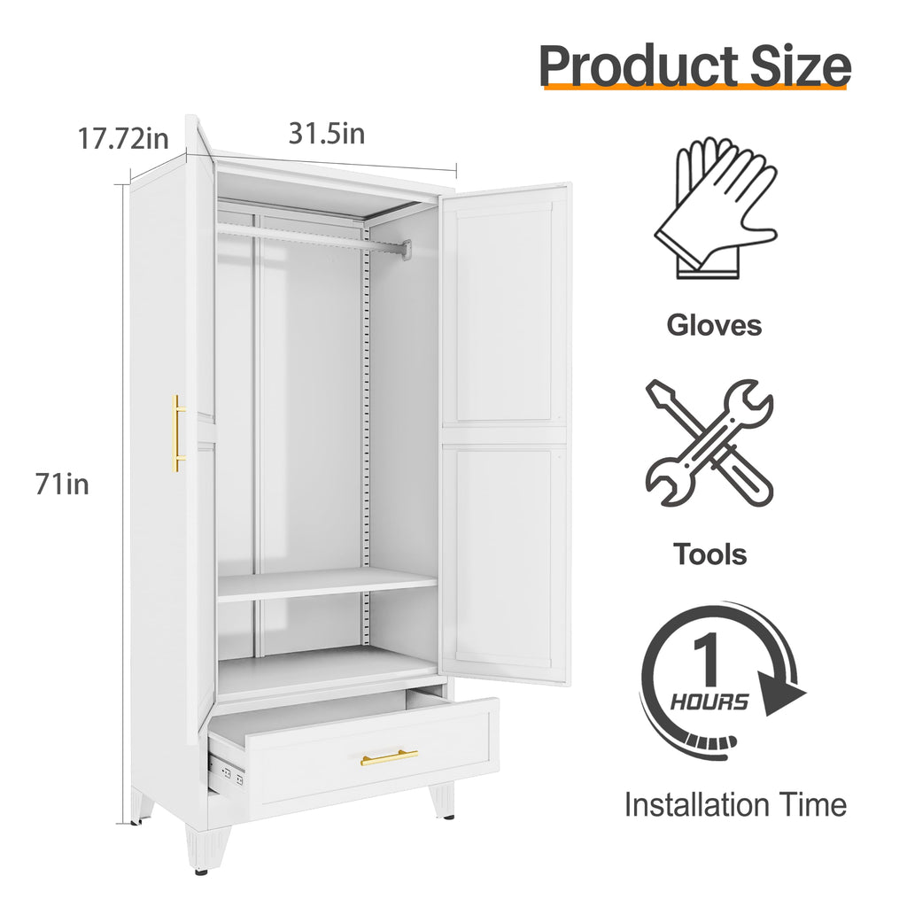 Metal Armoire Wardrobe Closet, 71" Bedroom Closet with Mirror White