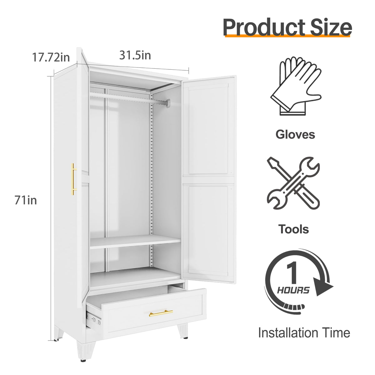 Metal Armoire Wardrobe Closet, 71" Bedroom Closet with Mirror White