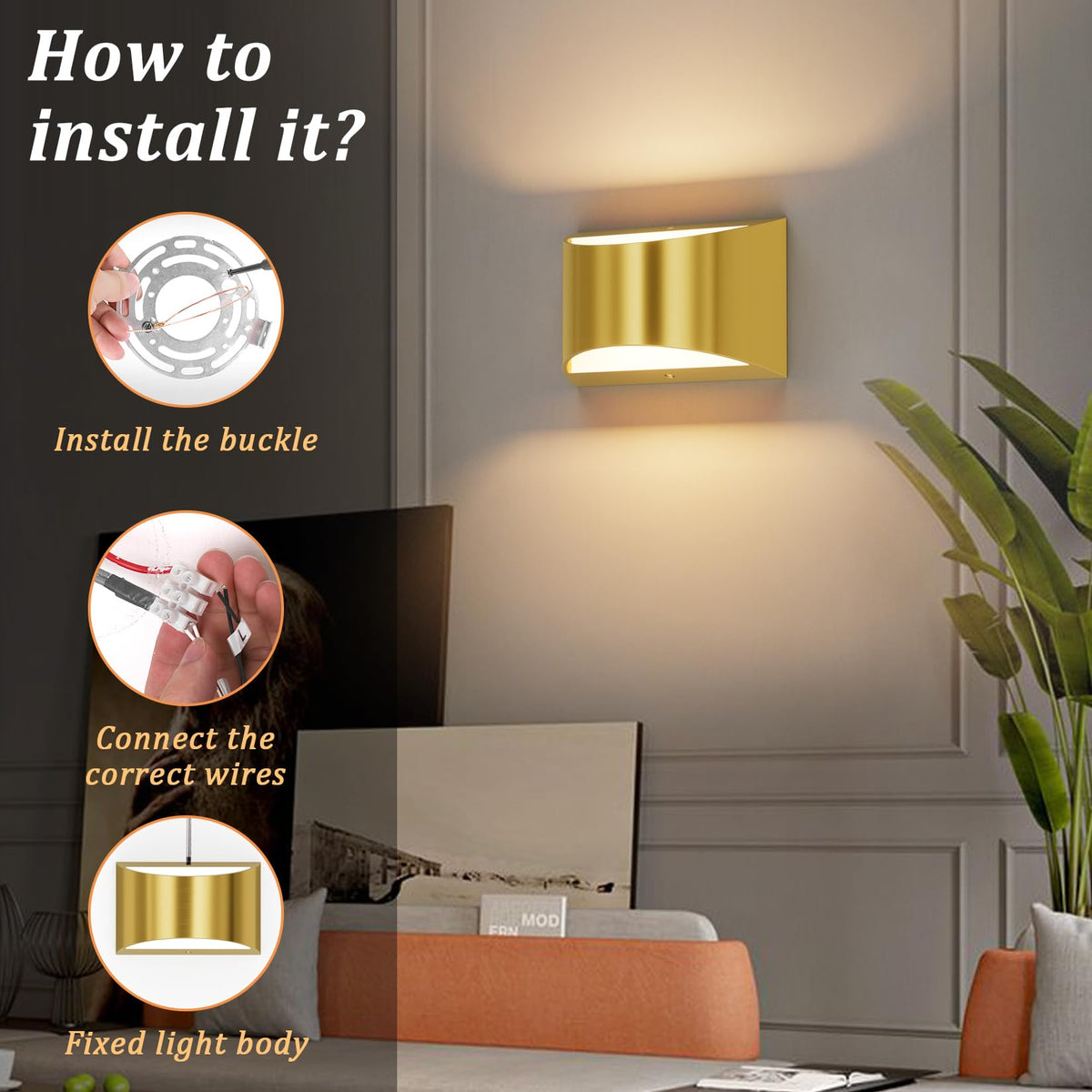 Brushed Brass Wall Sconce Indoor Wall Lights Hardwired 1 Pack Up and Down Wall Mount Light Bedroom Hallway Corridor