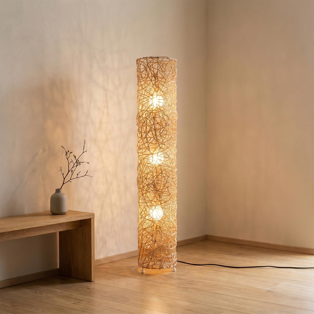 43in Boho Rattan Floor Lamp with 3 E26 LED Bulbs&3 Color Temperatures