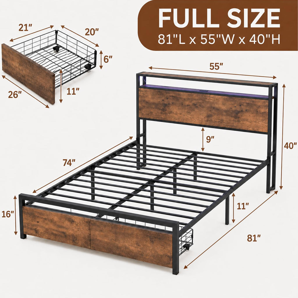 Full Size Bed Frame with Storage Drawers, Bed Frame Full Size with Headboard, LED Light, Charging Station with 3 USB