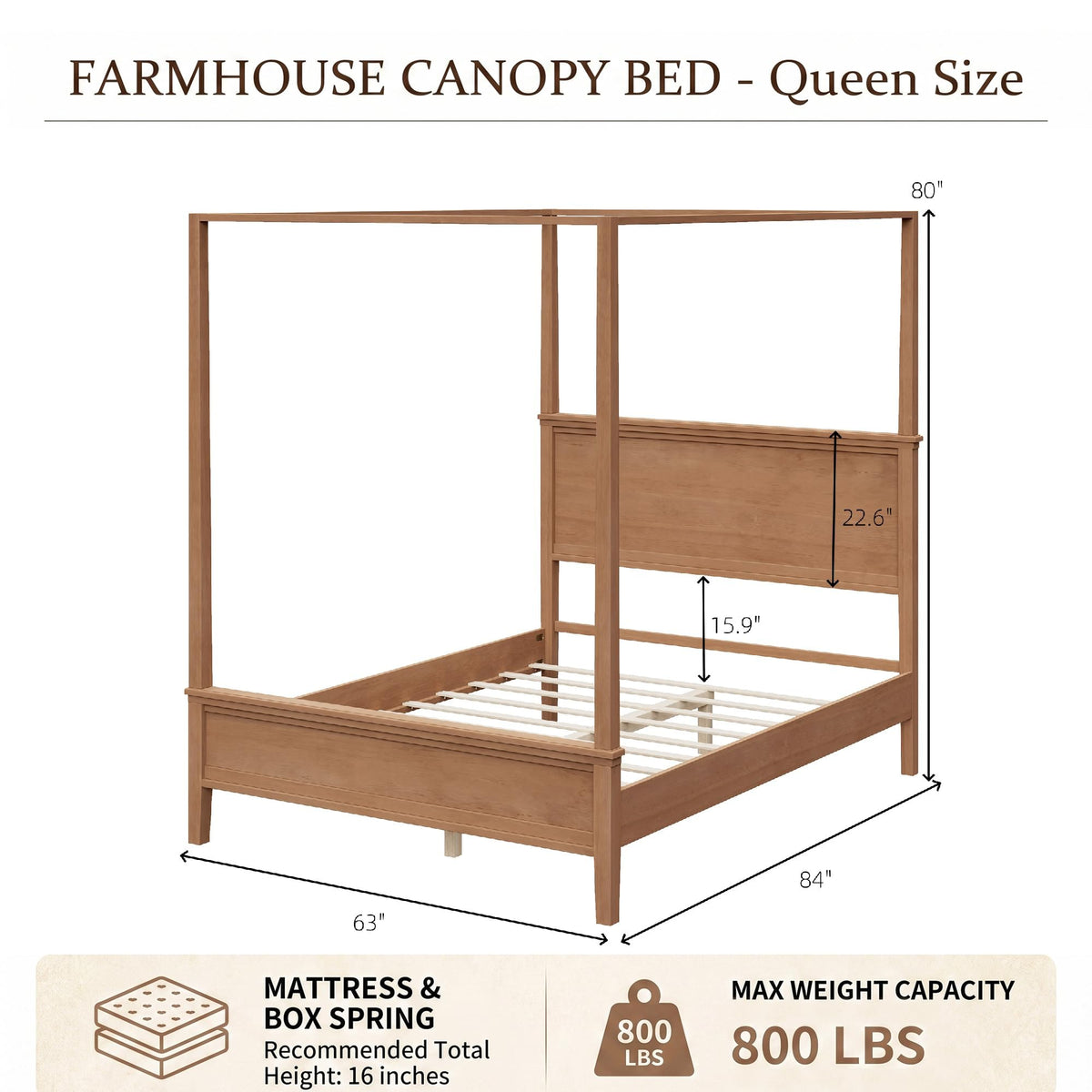 Canopy Bed Frame with Headboard, Wooden 4-Poster Bed