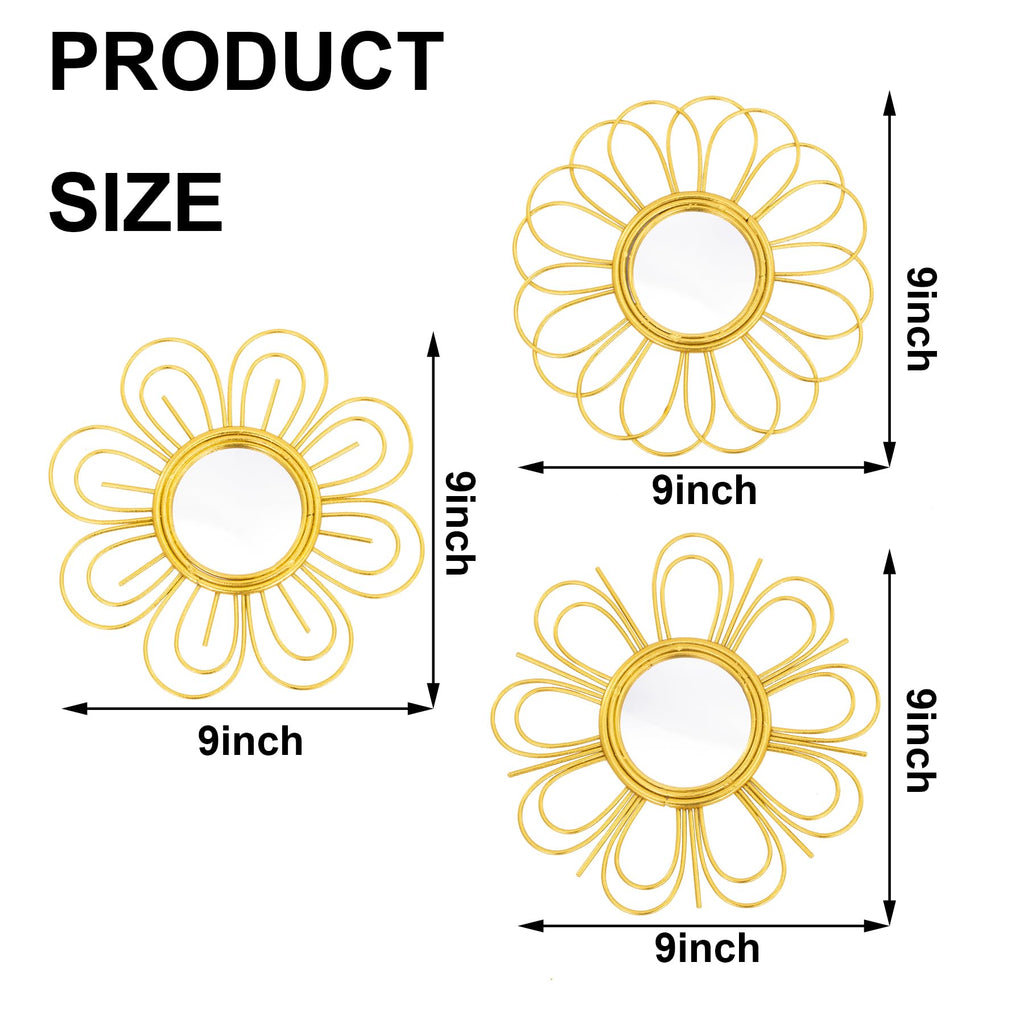 Gold Mirrors 3 Piece, 9 inch Flower-Indoor Shaped Mirror Hanging Wall Decor